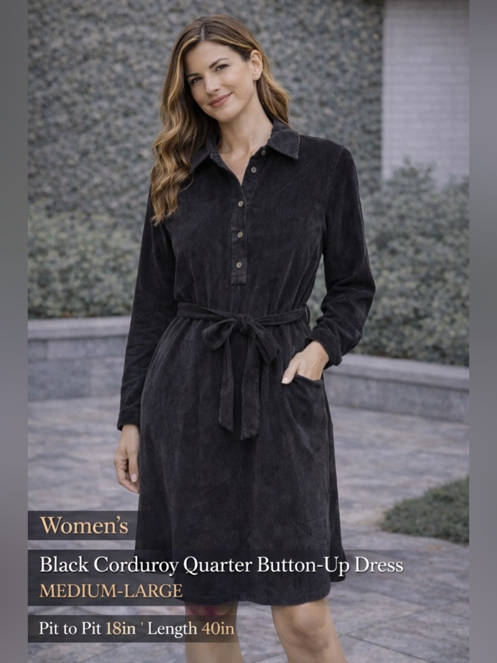 Black Corduroy quarter button up dress medium-large pit to pit 18in length 40in